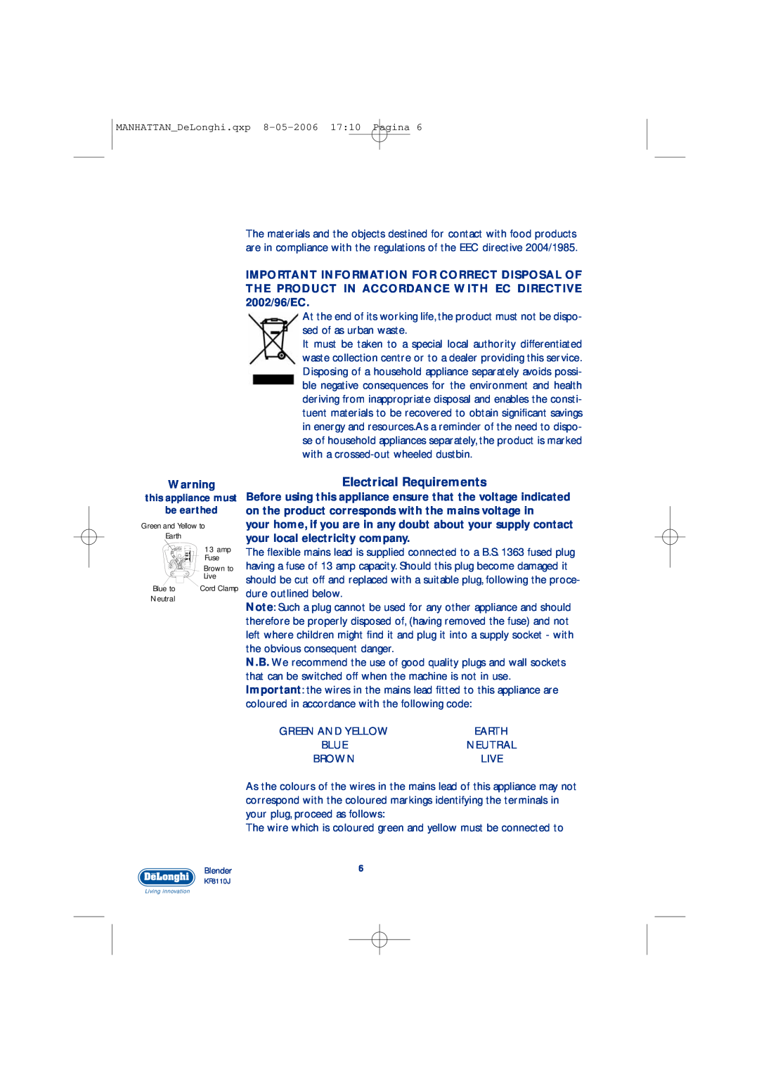 DeLonghi KF8110J manual Electrical Requirements 