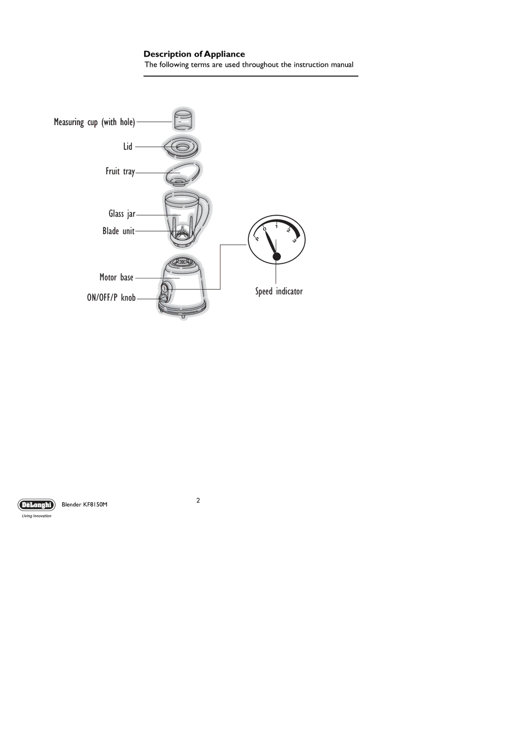 DeLonghi KF8150M manual Measuring cup with hole, Description of Appliance 