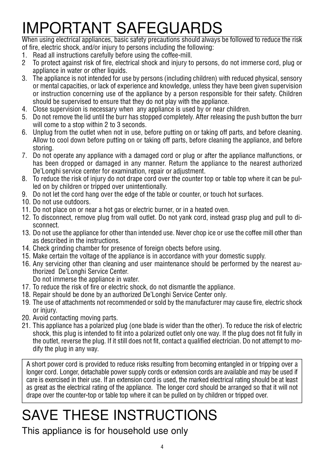 DeLonghi KG 79-89 manual Important Safeguards 