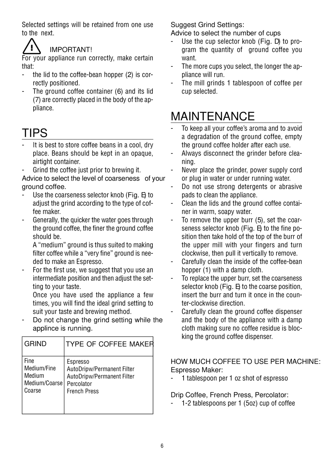 DeLonghi KG 79-89 manual Tips, Maintenance, Suggest Grind Settings Advice to select the number of cups 