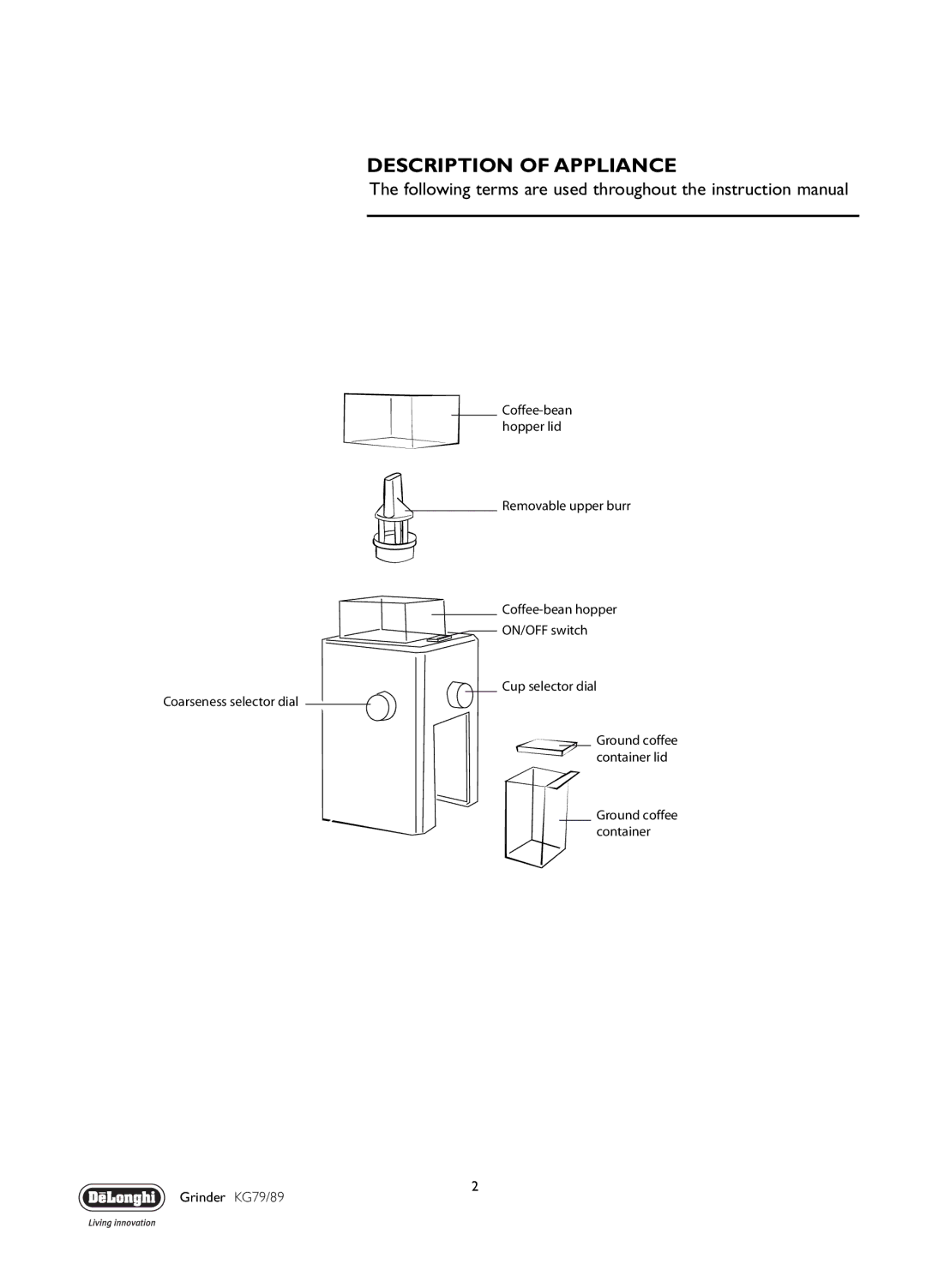 DeLonghi KG 79, KG 89 manual Description of Appliance 