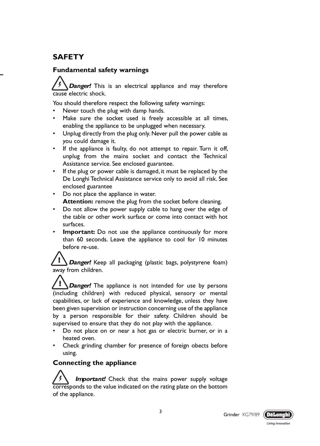 DeLonghi KG 89, KG 79 manual Safety, Fundamental safety warnings, Connecting the appliance 