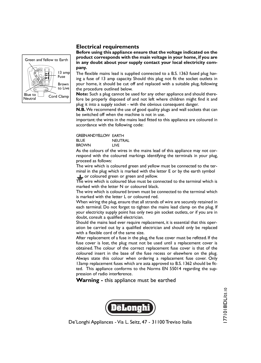 DeLonghi KG 79, KG 89 manual Electrical requirements 