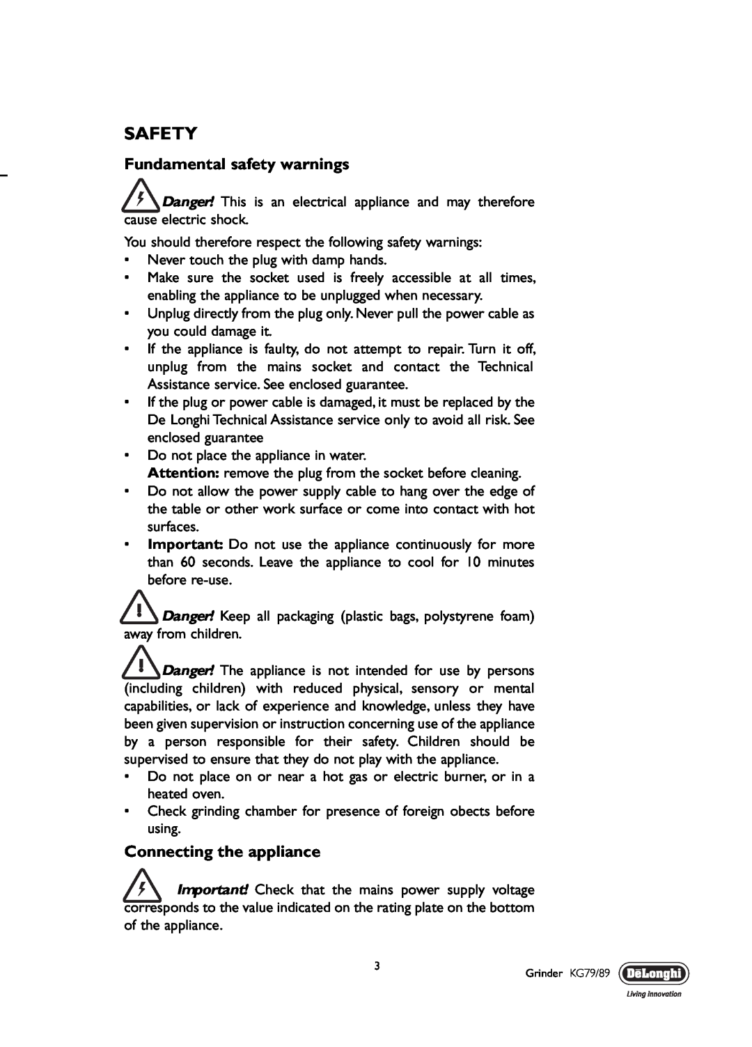 DeLonghi KG 89, KG 79 manual Safety, Fundamental safety warnings, Connecting the appliance 
