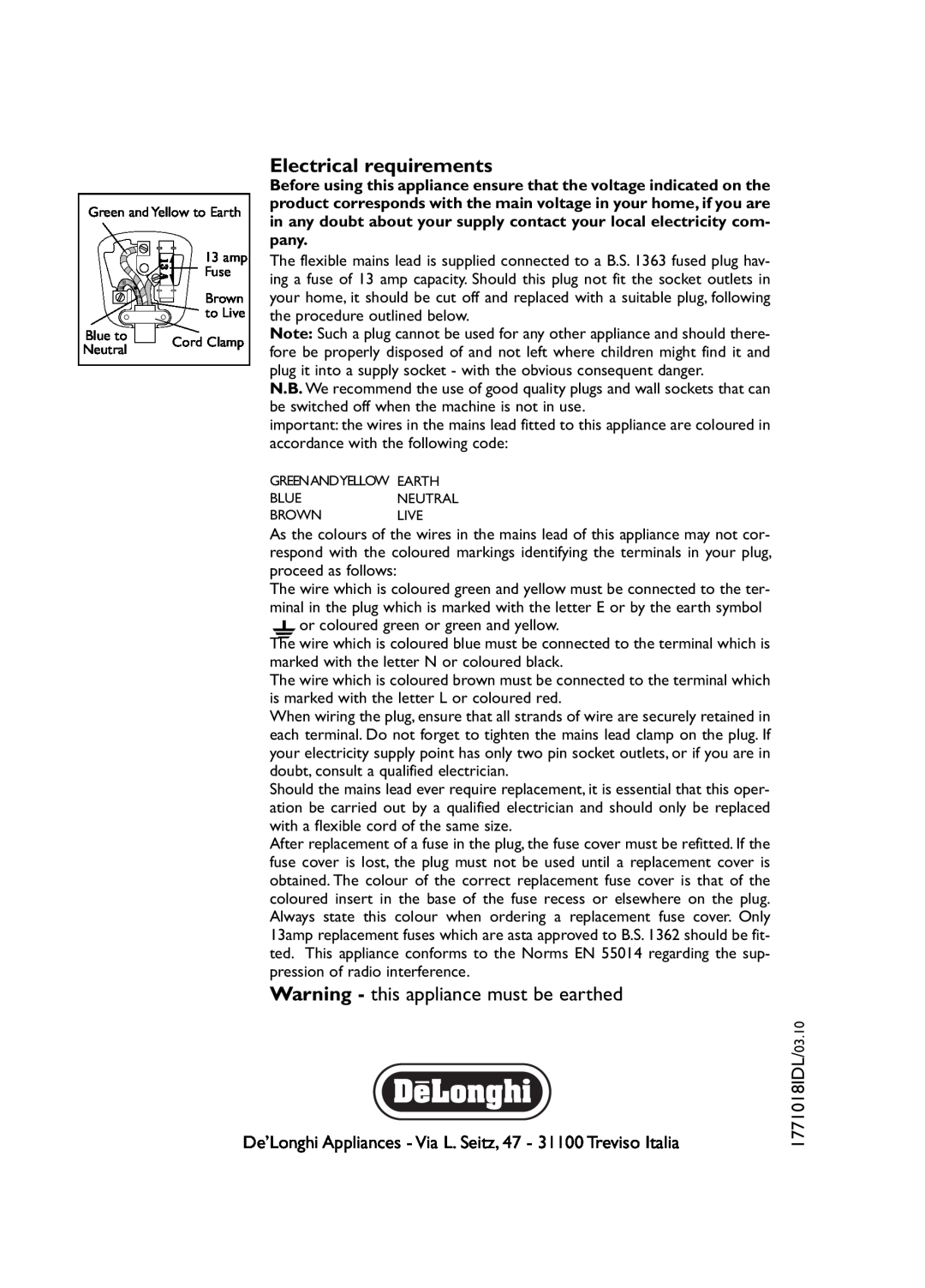 DeLonghi KG 79, KG 89 manual Electrical requirements, Warning - this appliance must be earthed 