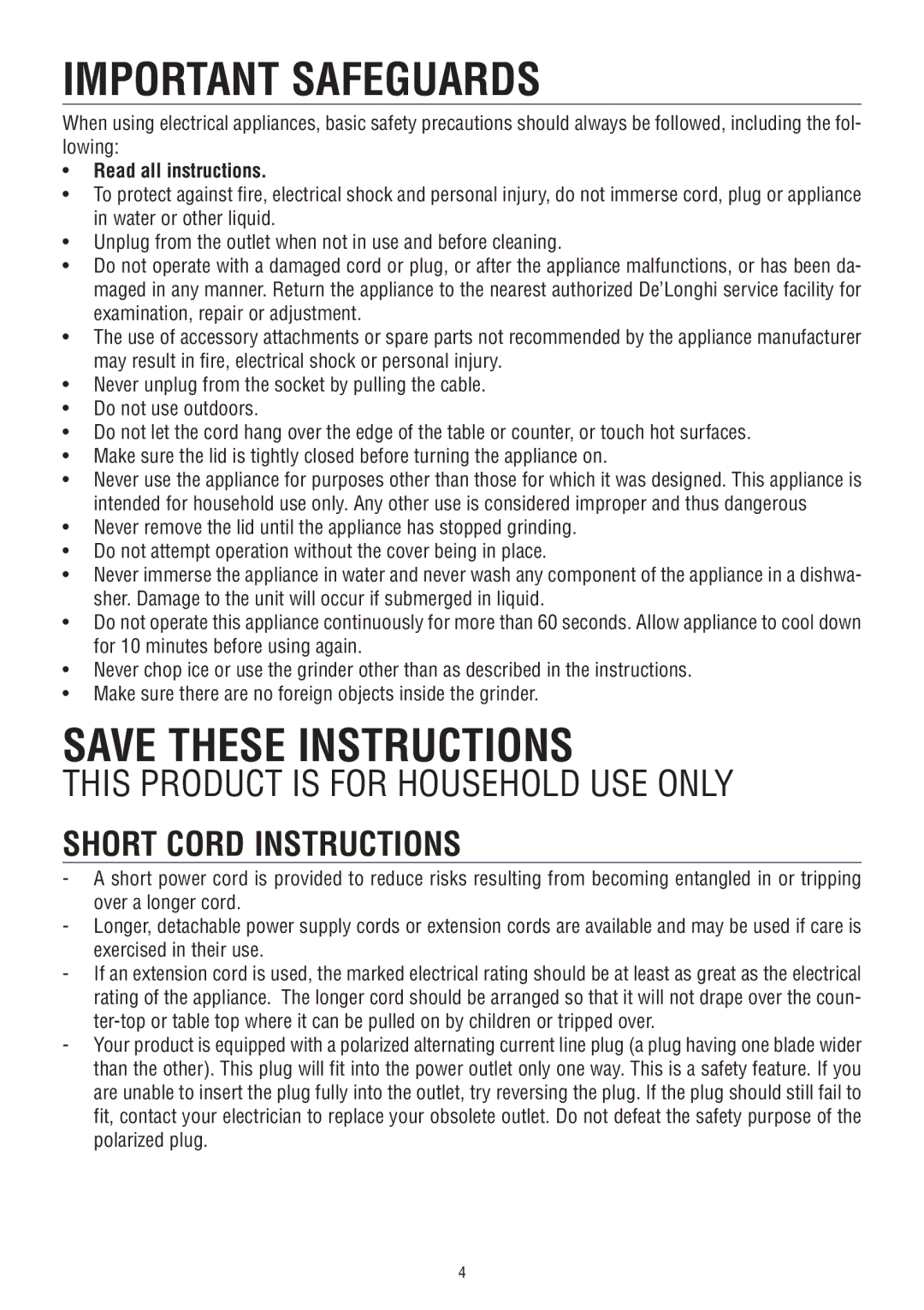 DeLonghi KG49 manual Short Cord Instructions, Read all instructions 