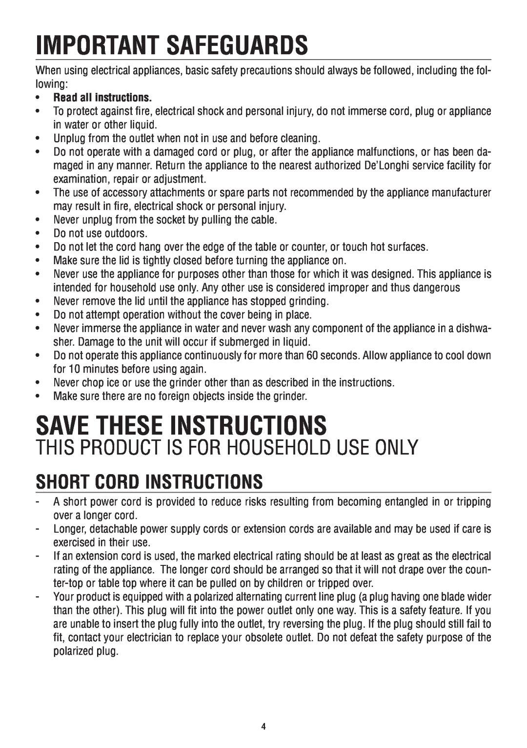 DeLonghi KG49 manual Short Cord Instructions, Read all instructions, Important Safeguards, Save These Instructions 