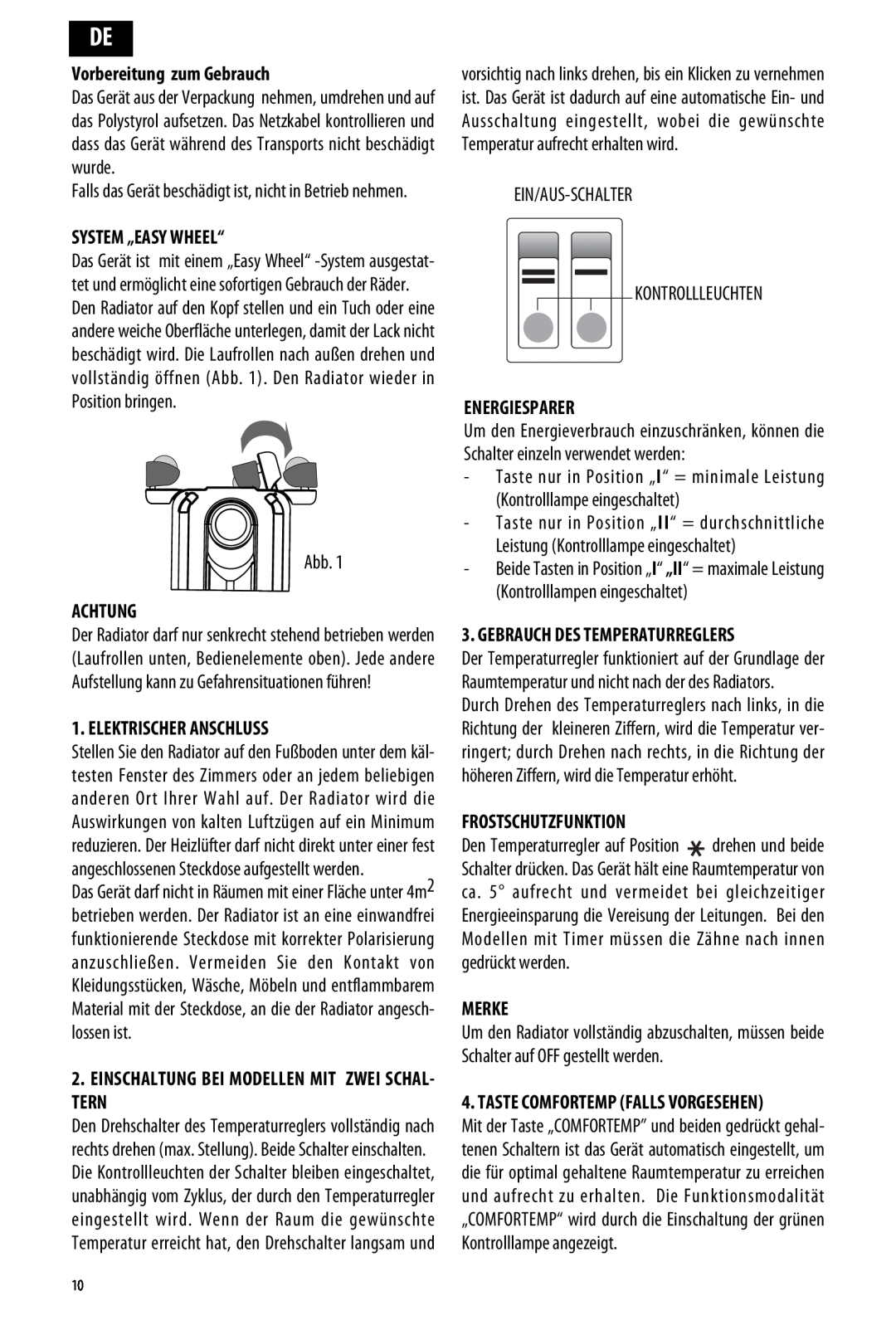 DeLonghi ME 10 manual Vorbereitung zum Gebrauch, System „Easy Wheel“, Achtung, Elektrischer Anschluss, Energiesparer, Merke 