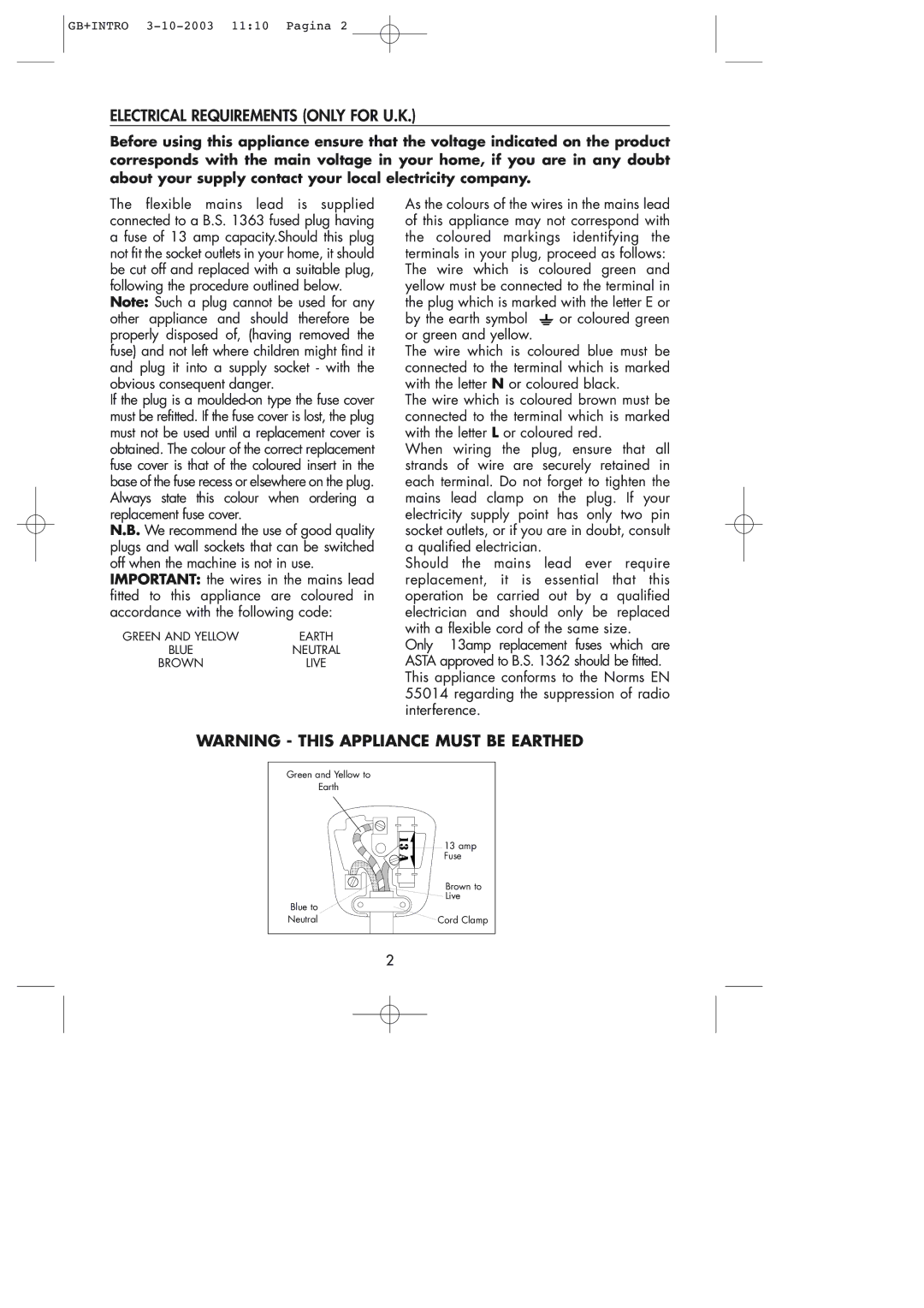 DeLonghi ME 28 manual Electrical Requirements only for U.K 