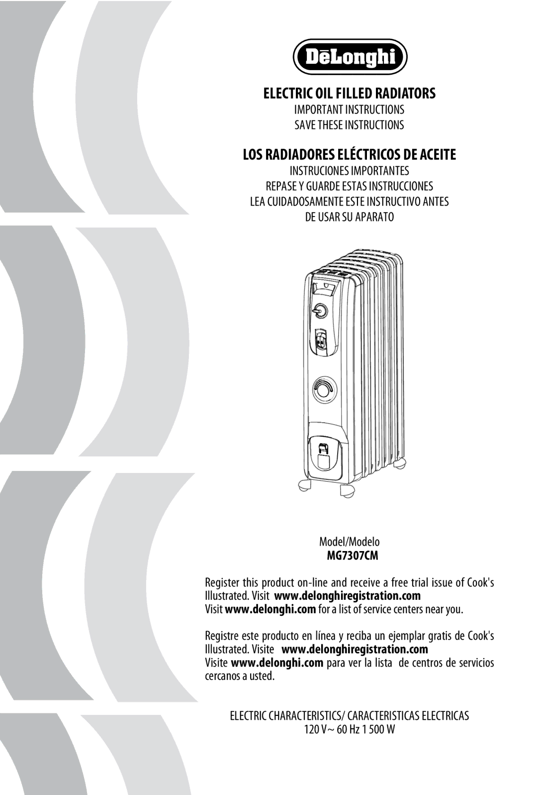 DeLonghi MG7307CM manual Electric OIL Filled Radiators 