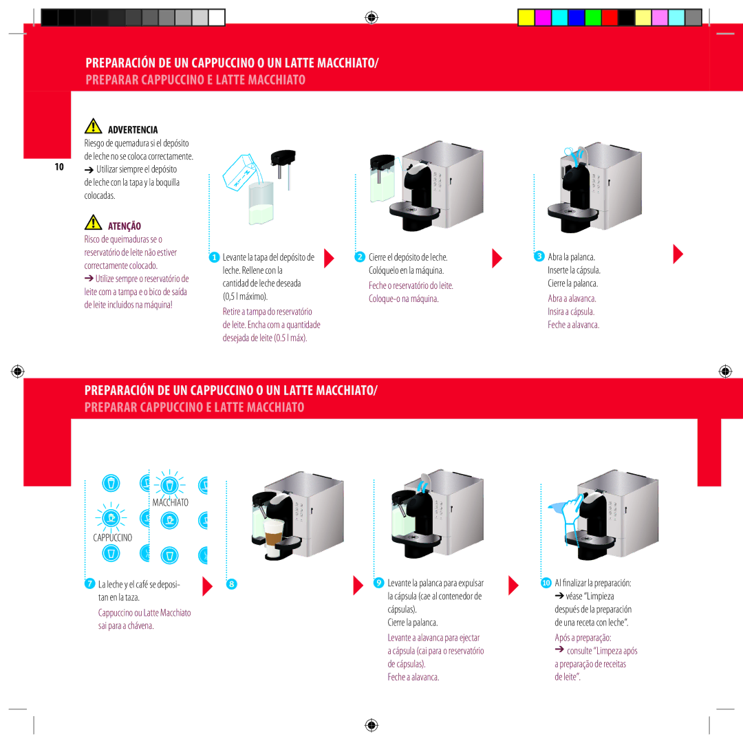 DeLonghi Mododeempleo 2 manual Advertencia, Atenção, Macchiato Cappuccino, Feche a alavanca, Após a preparação 