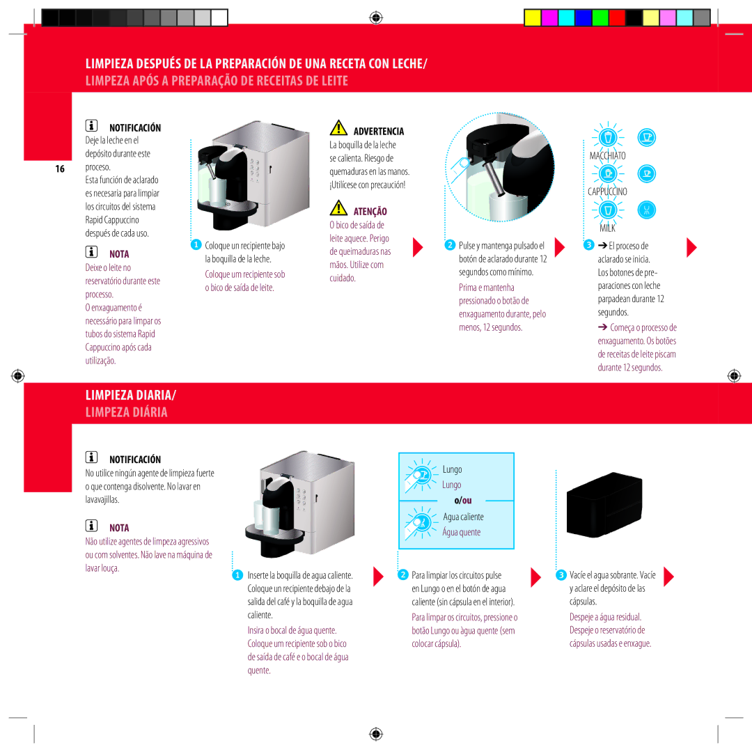 DeLonghi Mododeempleo 2 manual Limpieza diaria, Limpeza diária, Macchiato Cappuccino Milk, Notificación, Lavar louça 