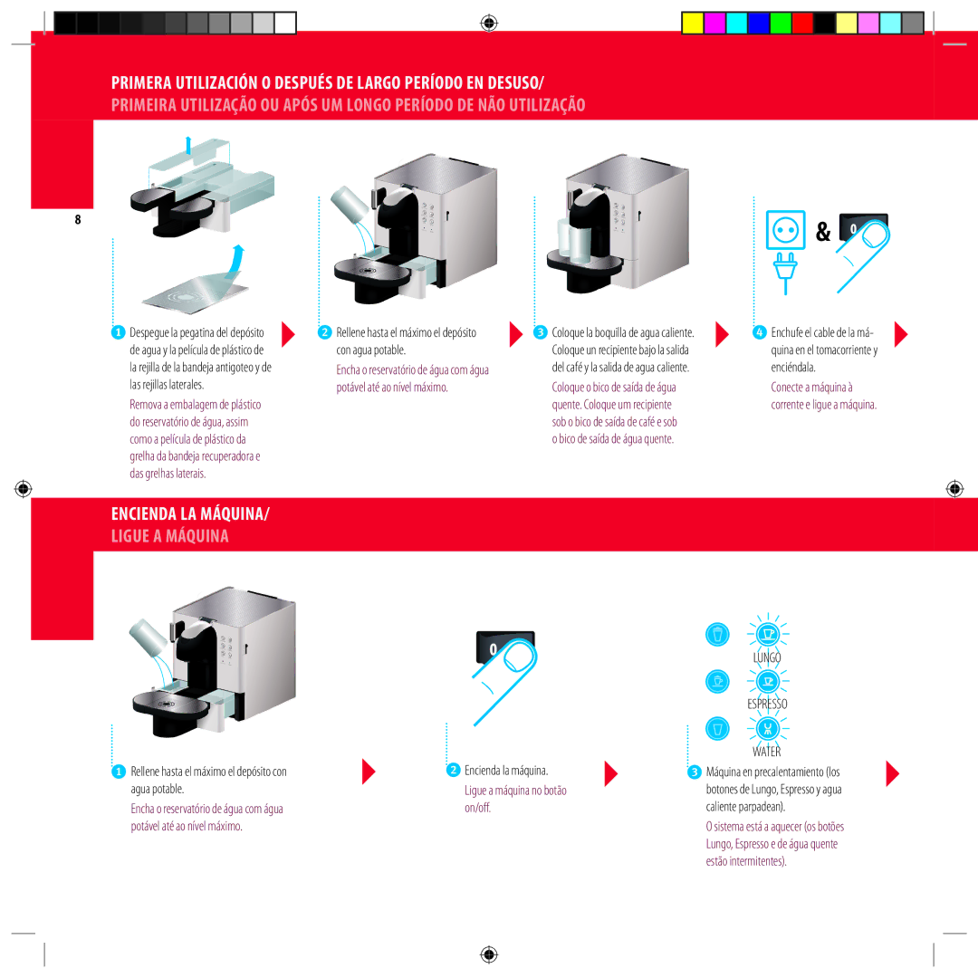 DeLonghi Mododeempleo 2 manual Conecte a máquina à Corrente­ e ligue a máquina, Encienda la máquina, Lungo Espresso Water 