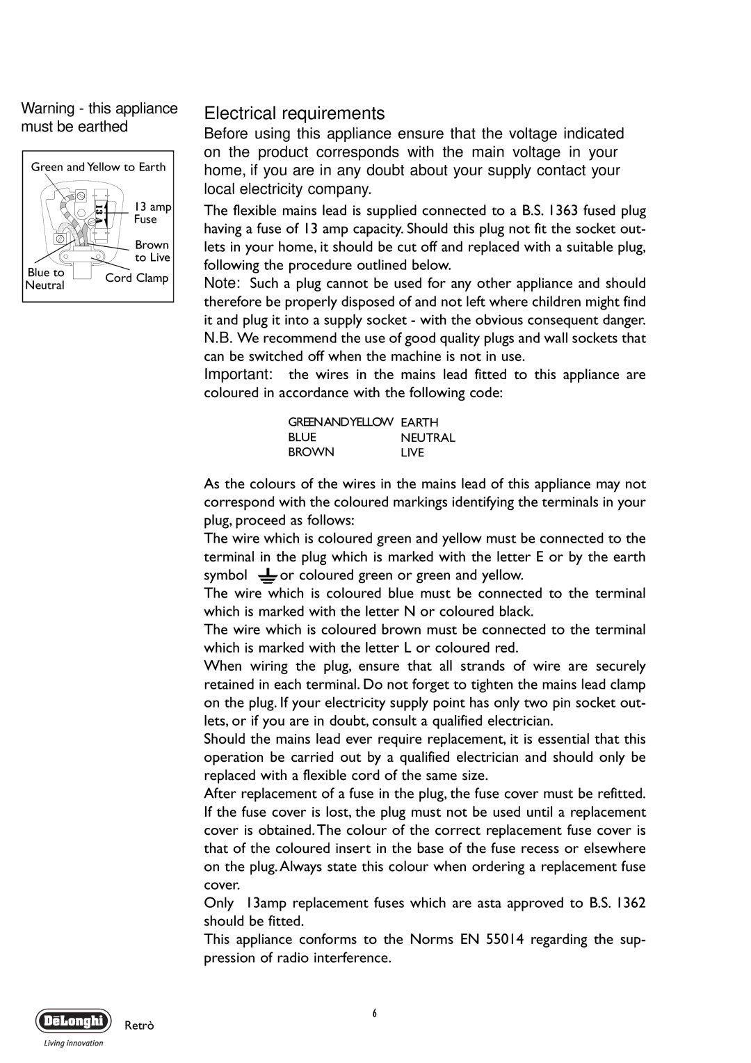 DeLonghi MTR2000 manual Electrical requirements 