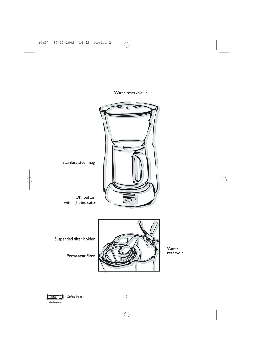 DeLonghi N/A manual Water reservoir lid, Stainless steel mug ON button with light indicator, ICM07 30-12-2002 1442 Pagina 