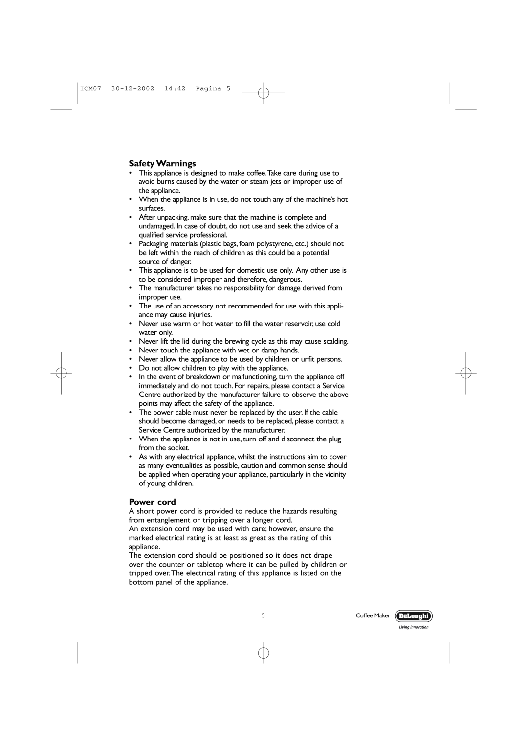 DeLonghi N/A manual Safety Warnings, Power cord 