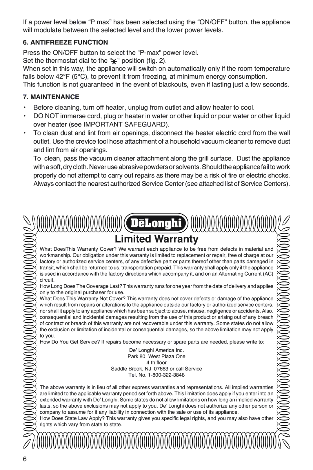 DeLonghi NJ 07663 manual Antifreeze Function, Maintenance 