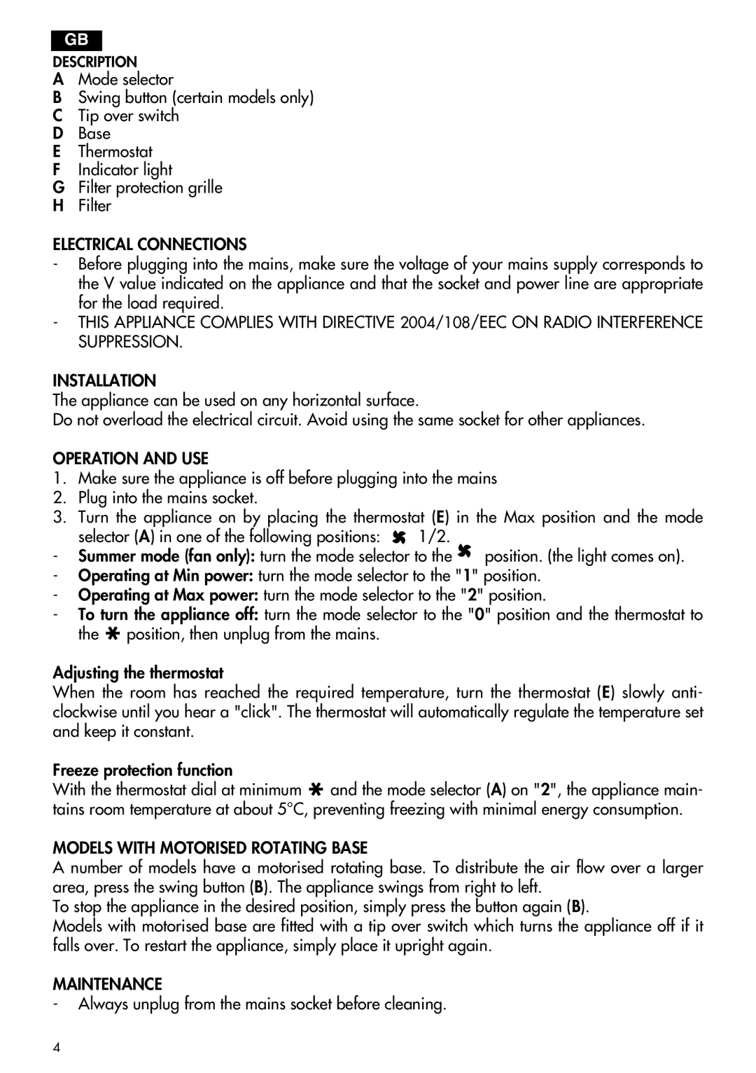 DeLonghi not available manual Electrical Connections, Operation and USE, Models with Motorised Rotating Base, Maintenance 