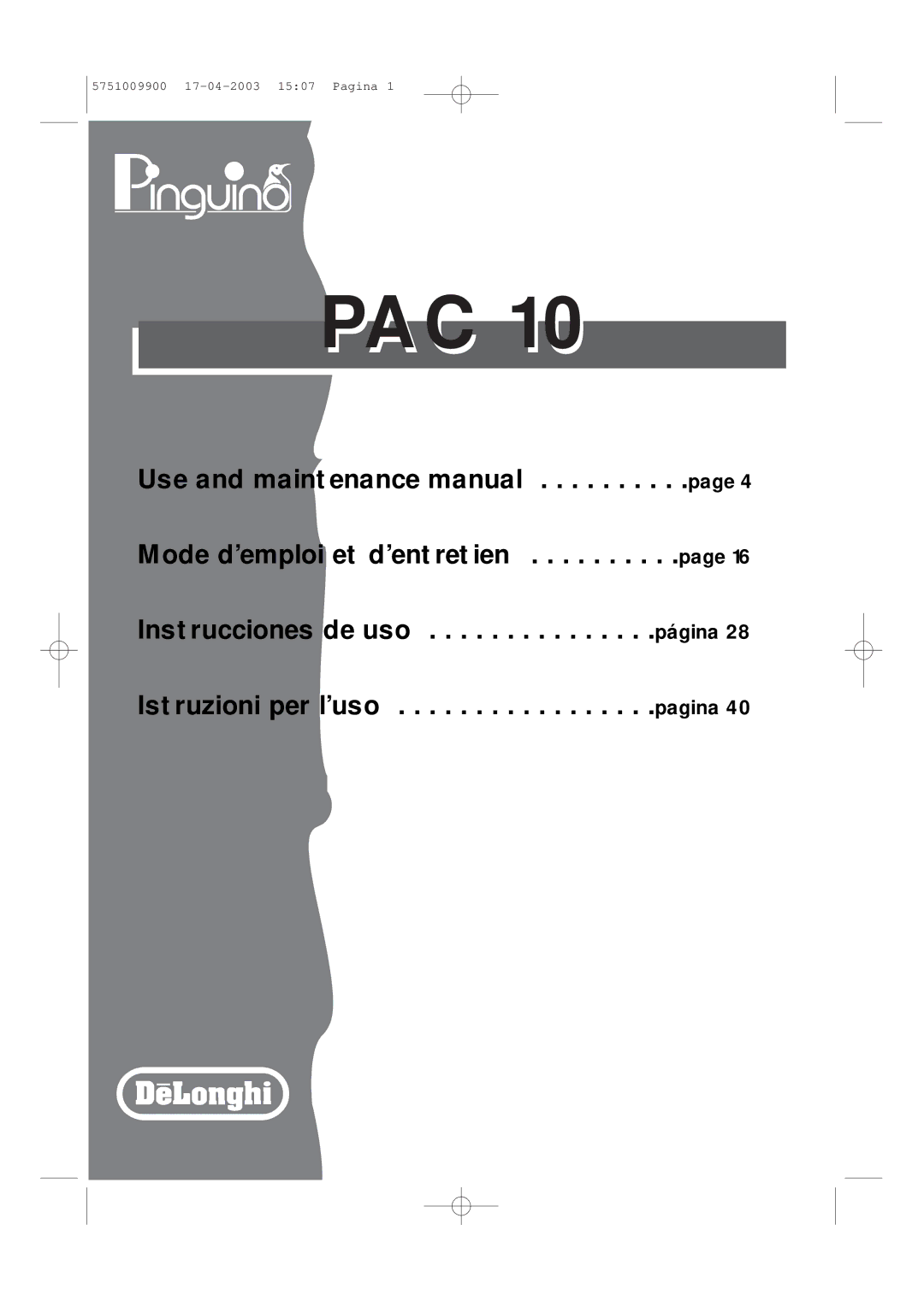 DeLonghi Pac 1000 manual 