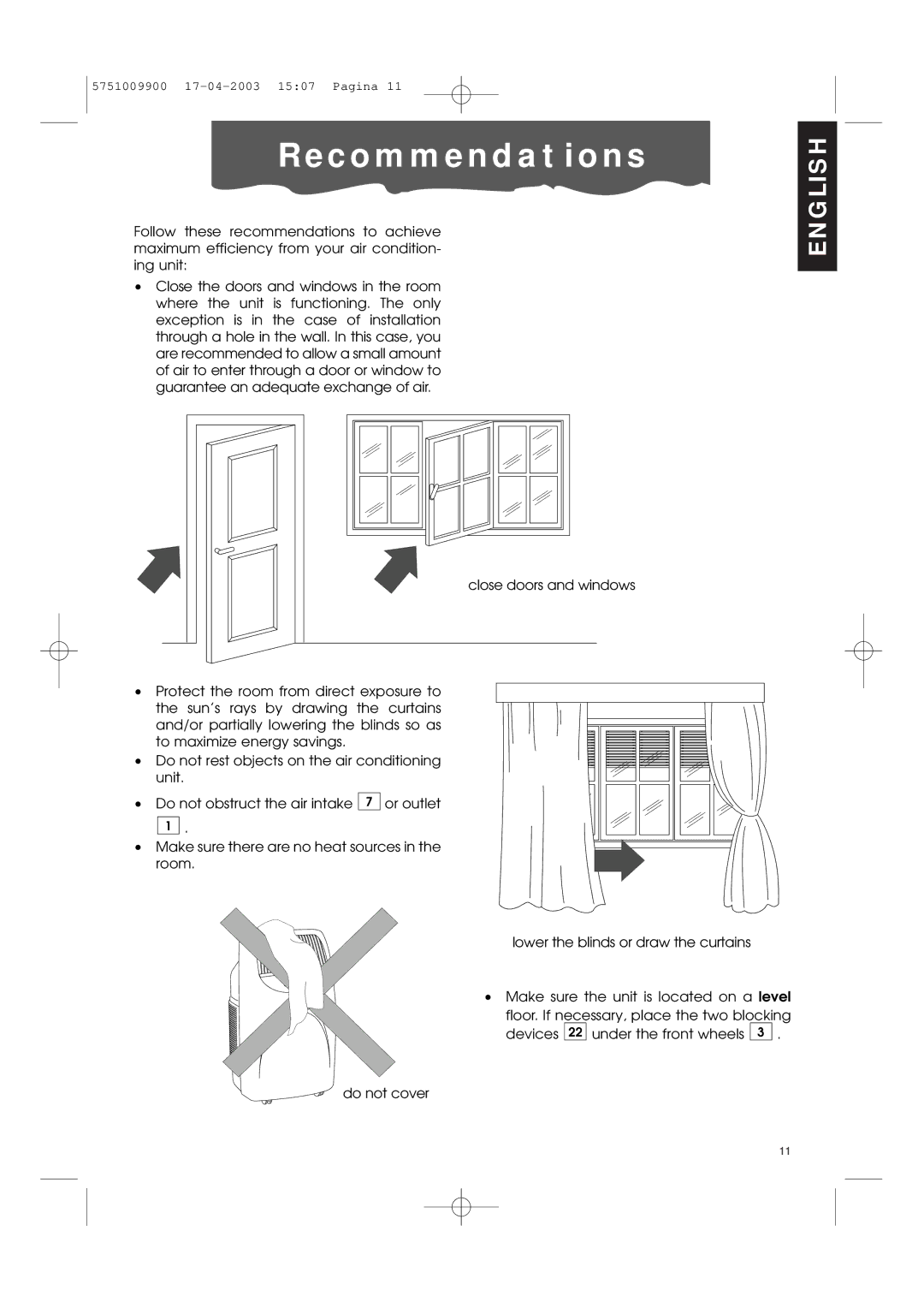 DeLonghi Pac 1000 manual C o m m e n d a t i o n s 