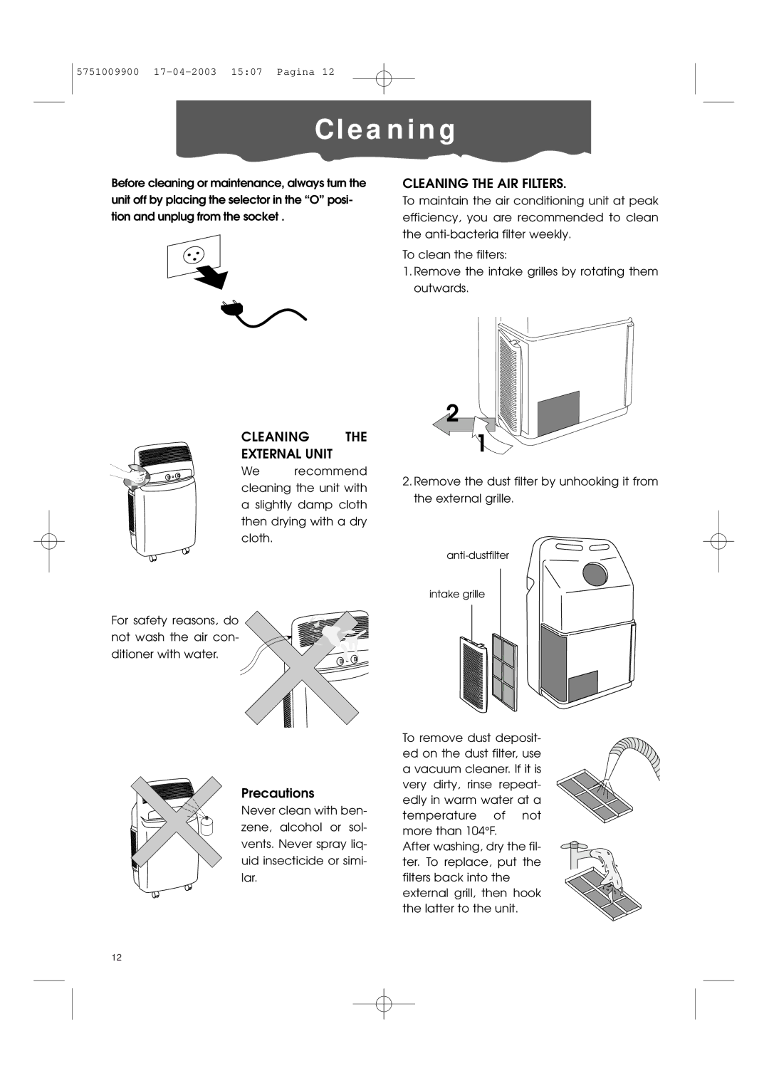 DeLonghi Pac 1000 manual E a n i n g, Cleaning the AIR Filters, Cleaning External Unit 