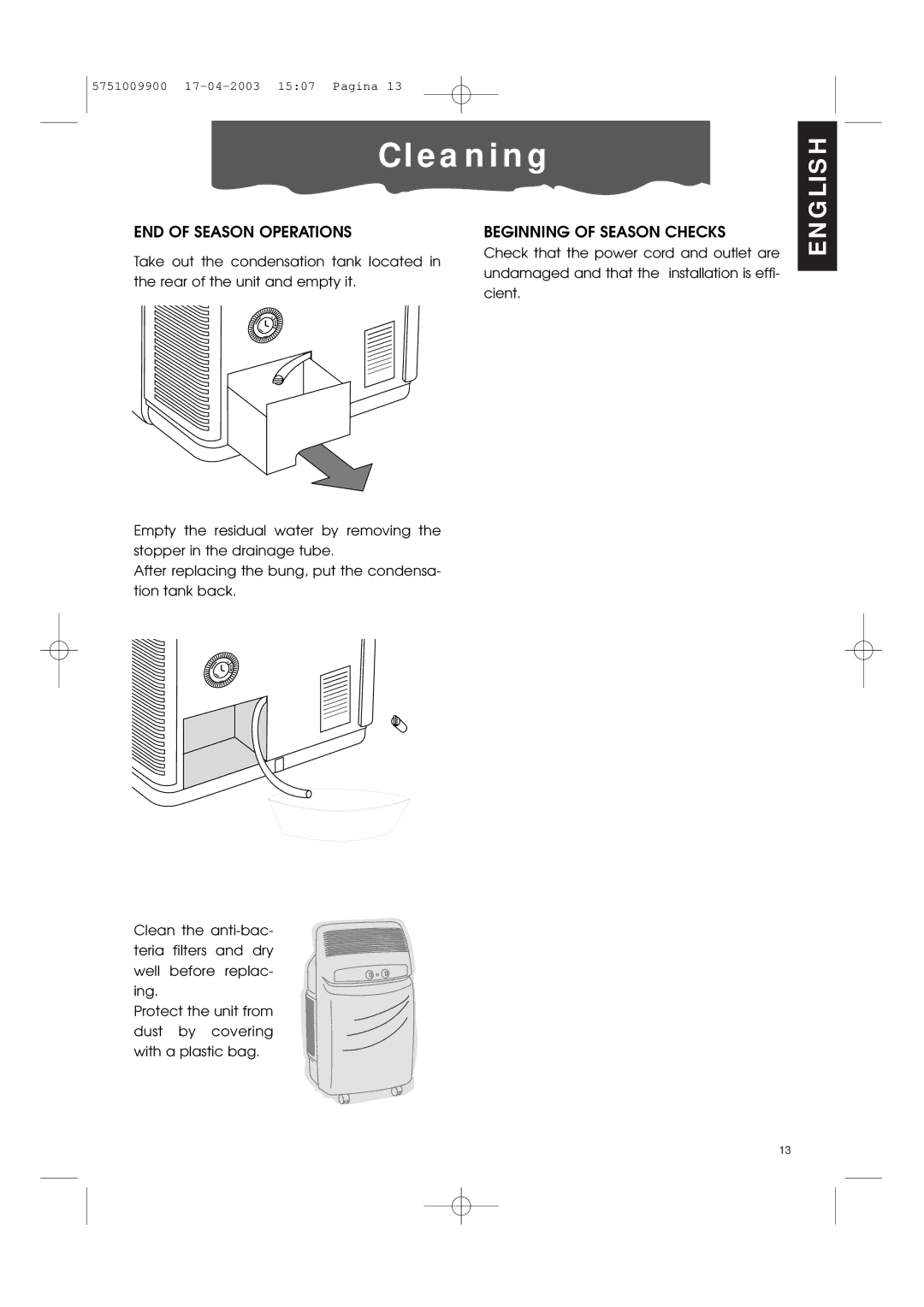 DeLonghi Pac 1000 manual END of Season Operations Beginning of Season Checks 