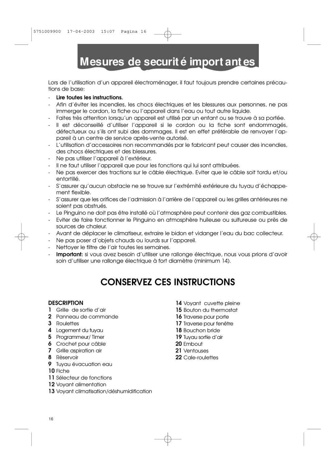 DeLonghi Pac 1000 manual Mesures de securité importantes 