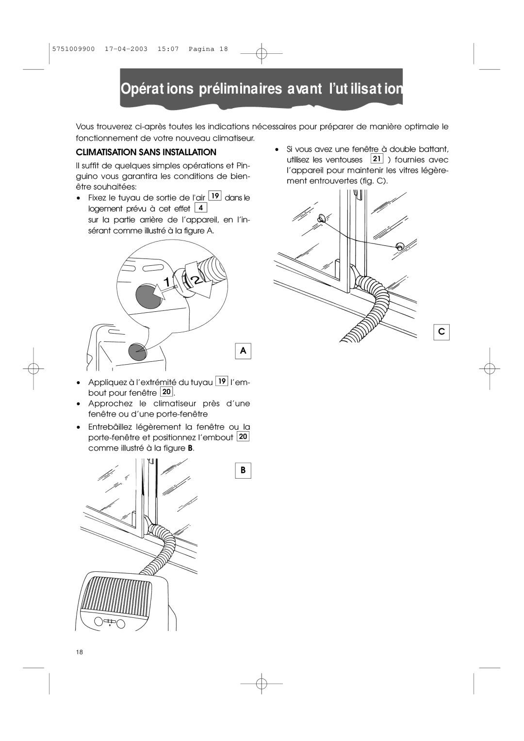 DeLonghi Pac 1000 manual Opérations préliminaires avant l’utilisation, Climatisation Sans Installation 