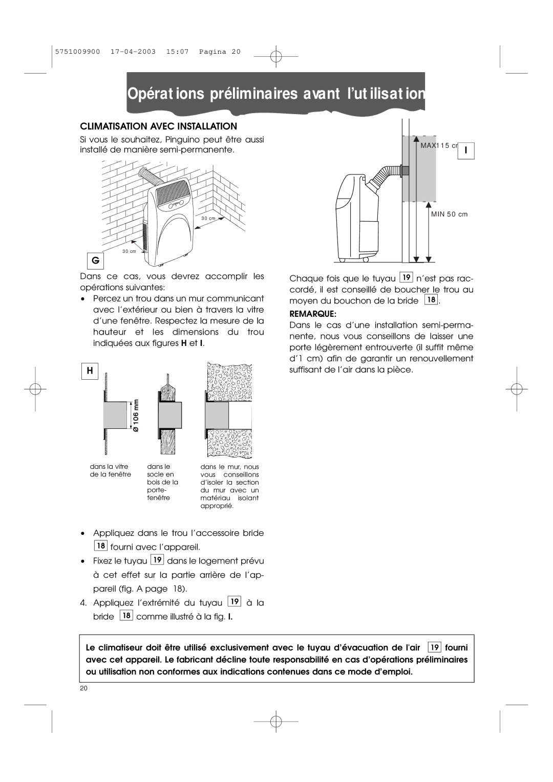 DeLonghi Pac 1000 manual Climatisation Avec Installation, Remarque 