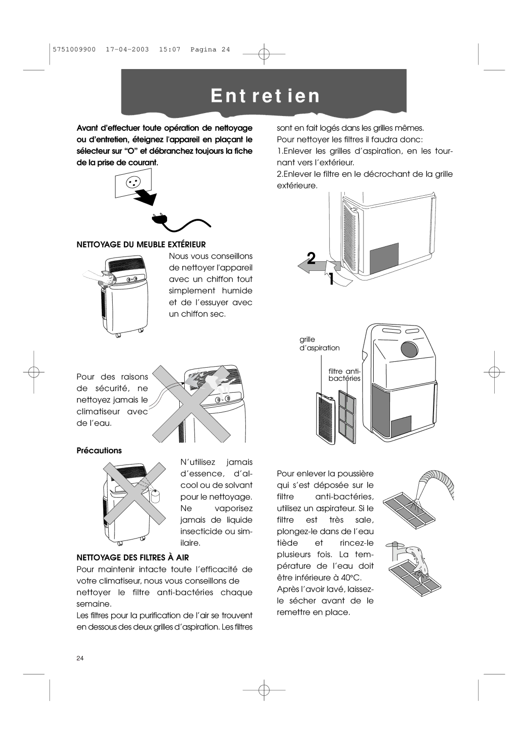 DeLonghi Pac 1000 manual En t r e t i e n, Nettoyage DU Meuble Extérieur, Nettoyage DES Filtres À AIR 