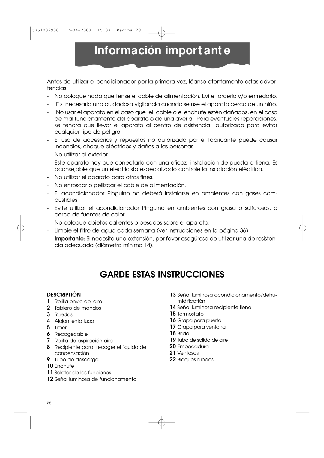 DeLonghi Pac 1000 manual Información importante, Descriptión 