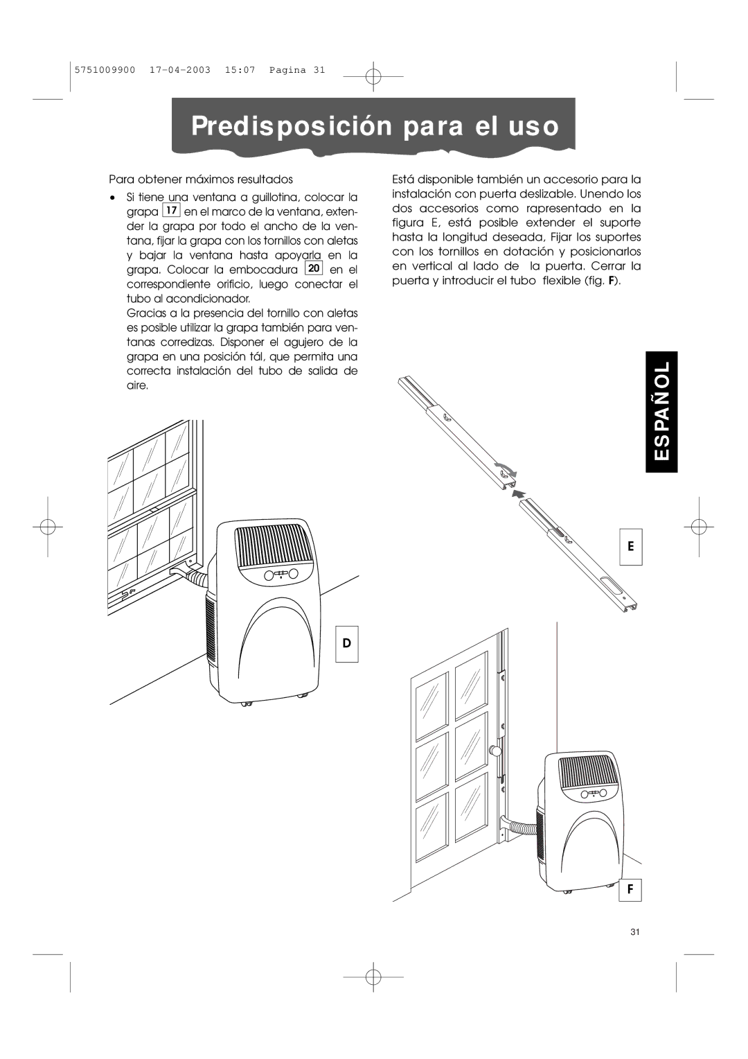 DeLonghi Pac 1000 manual Predisposición para el uso 