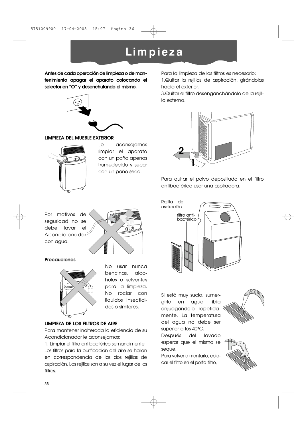 DeLonghi Pac 1000 manual M p i e z a, Limpieza DEL Mueble Exterior, Limpieza DE LOS Filtros DE Aire 