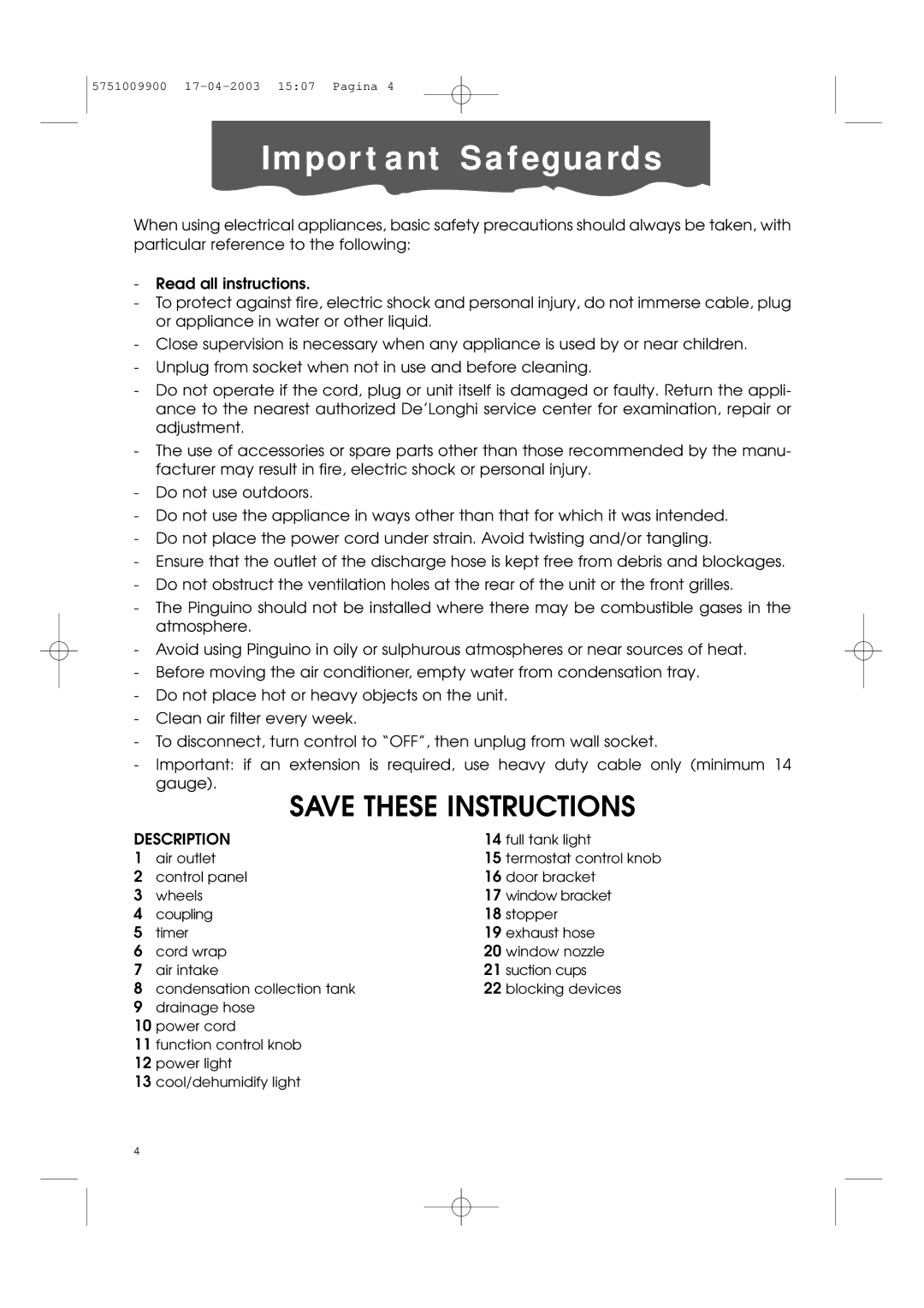 DeLonghi Pac 1000 manual Important Safeguards, Description 