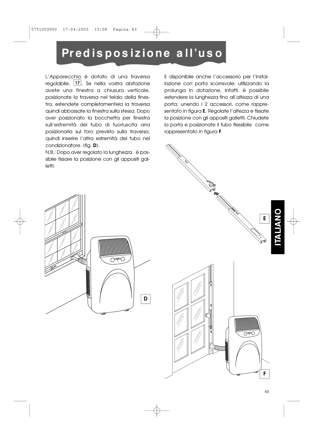 DeLonghi Pac 1000 manual Pre d i s p o s i z i o n e a l l ’ u s o 