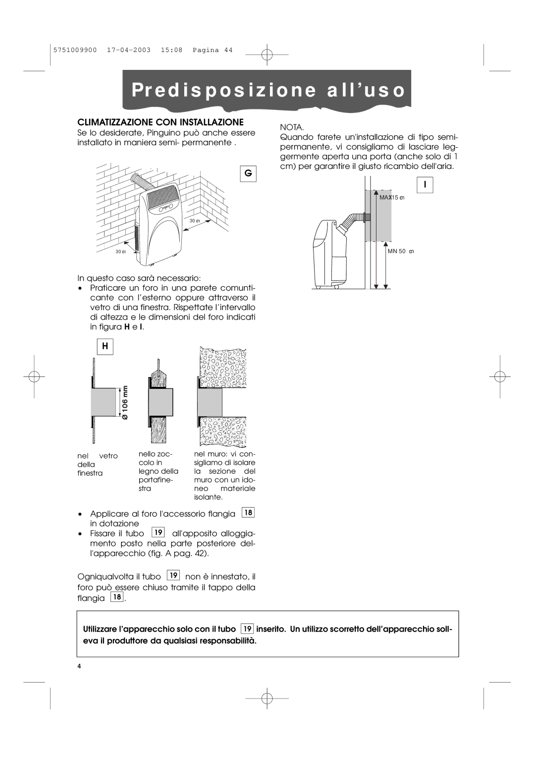 DeLonghi Pac 1000 manual Climatizzazione CON Installazione, Nota 