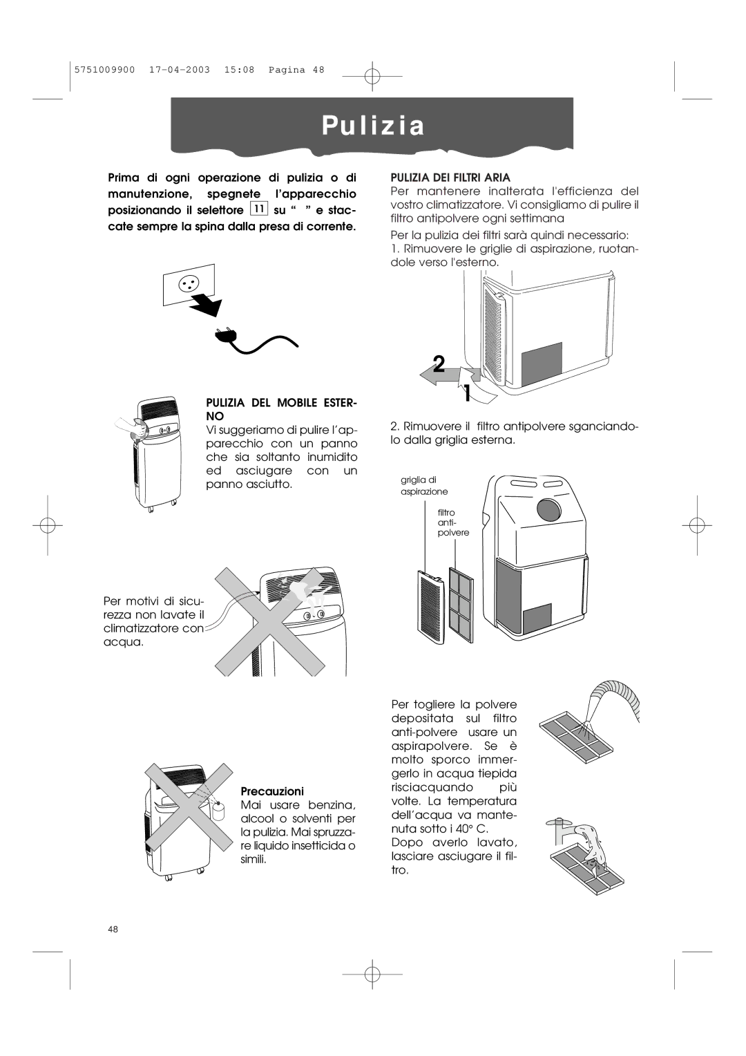 DeLonghi Pac 1000 manual Pu l i z i a, Pulizia DEL Mobile Ester 