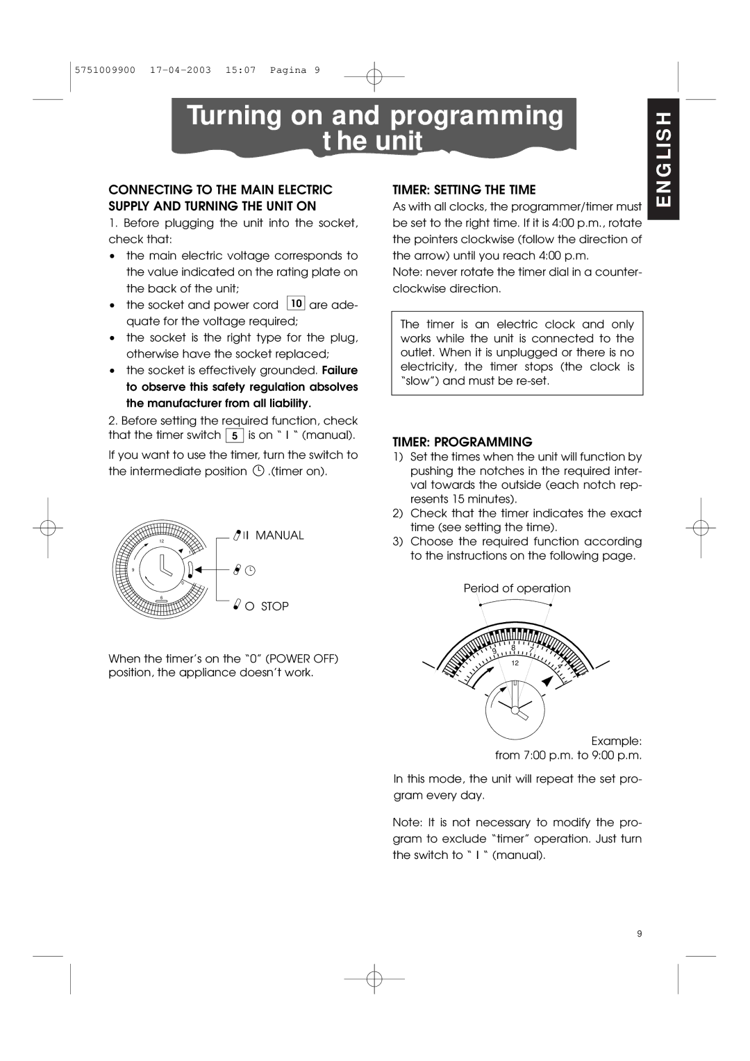 DeLonghi Pac 1000 manual Turning on and programming Unit, Timer Setting the Time, Timer Programming 