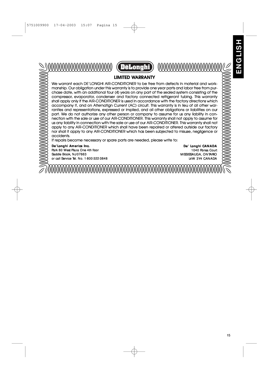DeLonghi Pac 1000 manual English, Limited Warranty, De’Longhi America Inc, De’ Longhi CANADA 