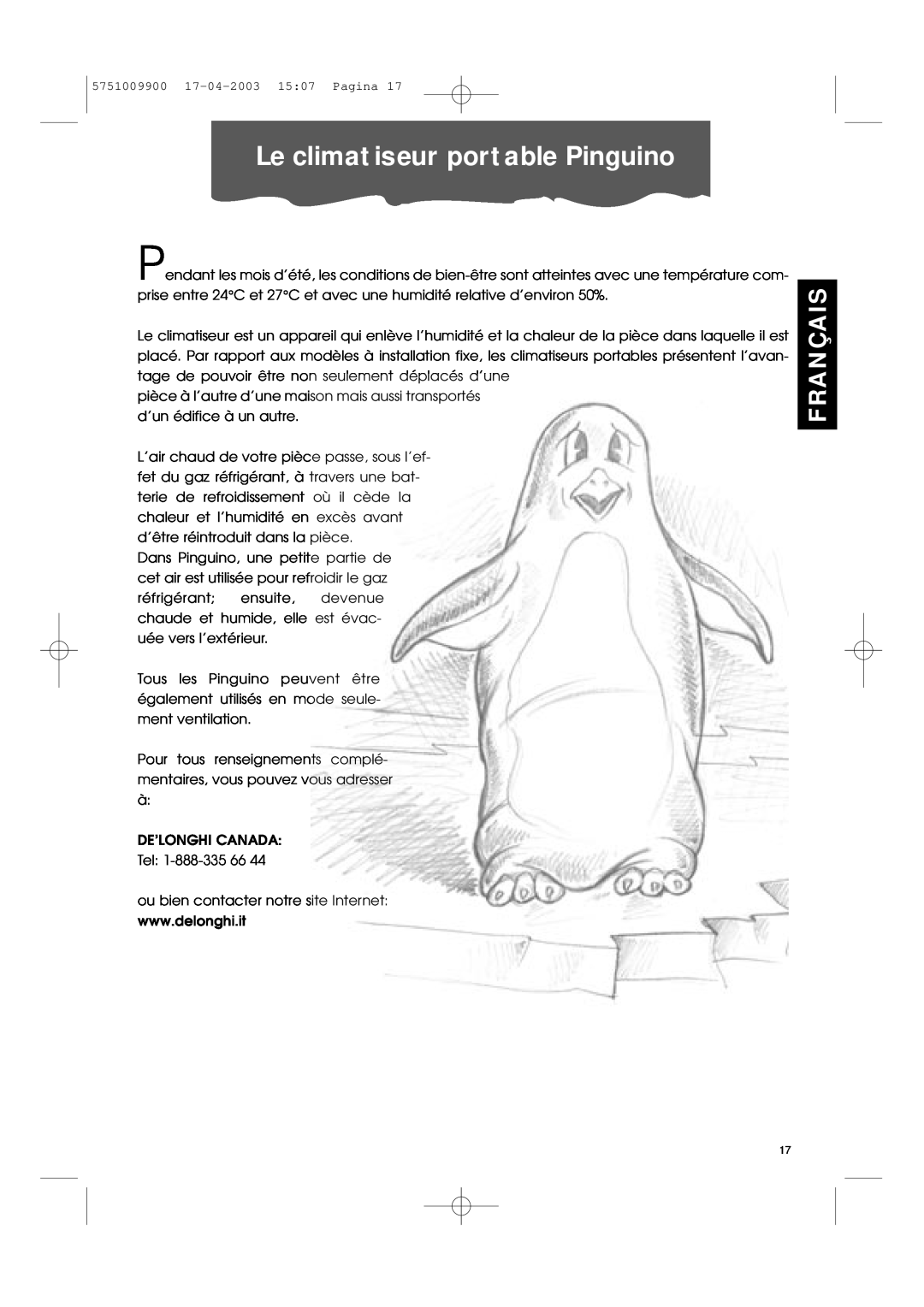 DeLonghi Pac 1000 manual Le climatiseur portable Pinguino, Français 