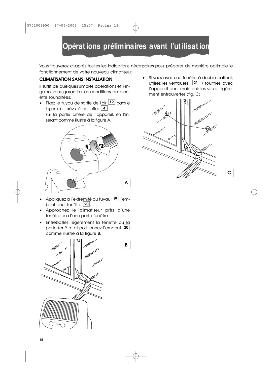 DeLonghi Pac 1000 manual Opérations préliminaires avant l’utilisation, Climatisation Sans Installation 