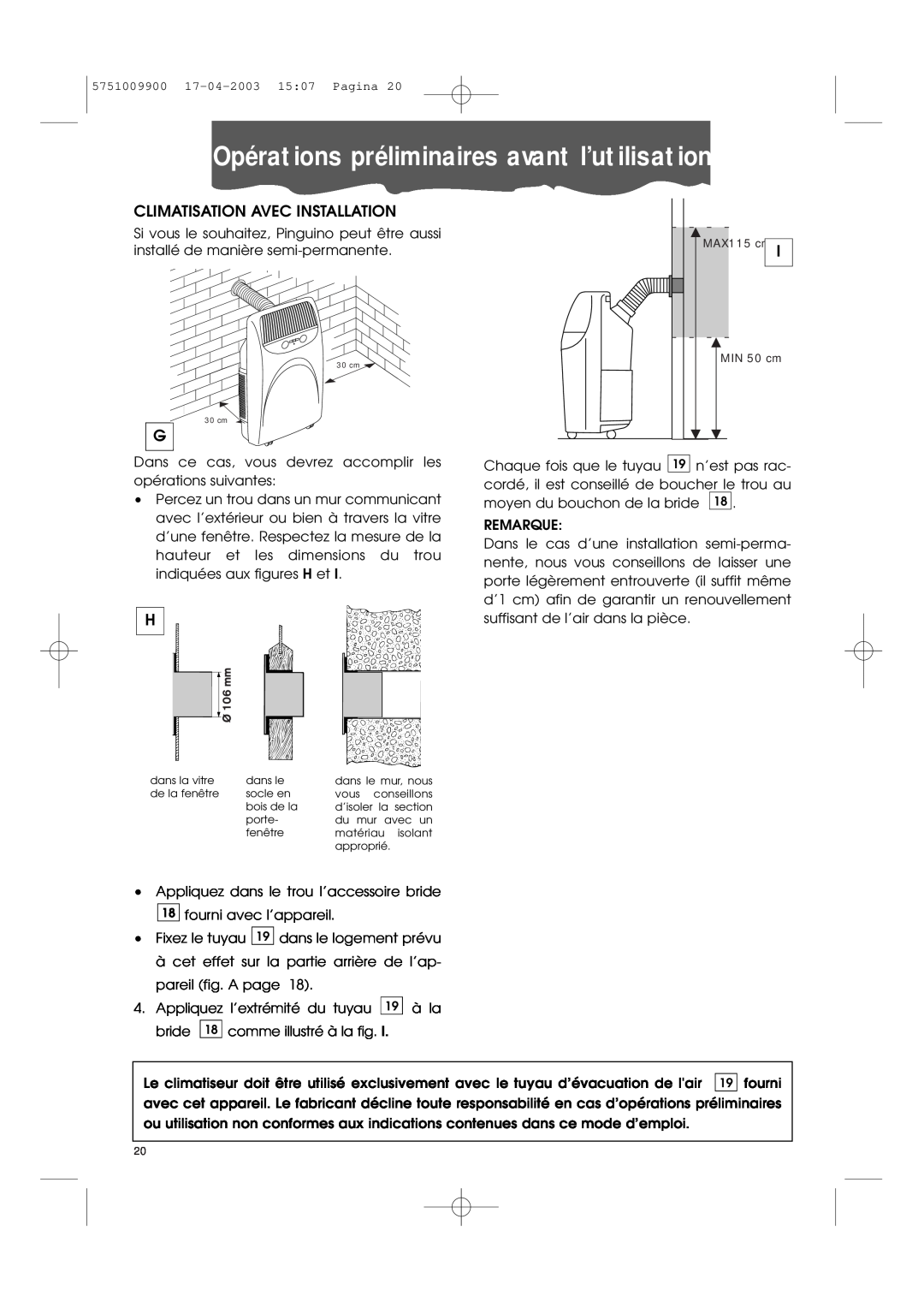 DeLonghi Pac 1000 manual Opérations préliminaires avant l’utilisation, Climatisation Avec Installation 
