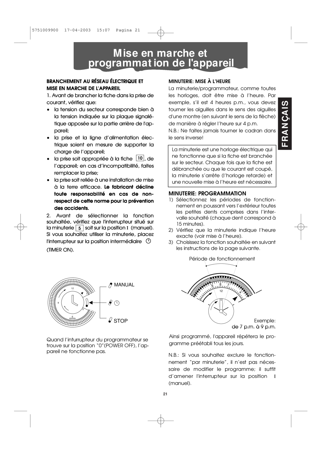 DeLonghi Pac 1000 manual Mise en marche et programmation de lappareil, Français, Minuterie Programmation, Manuale Stop 
