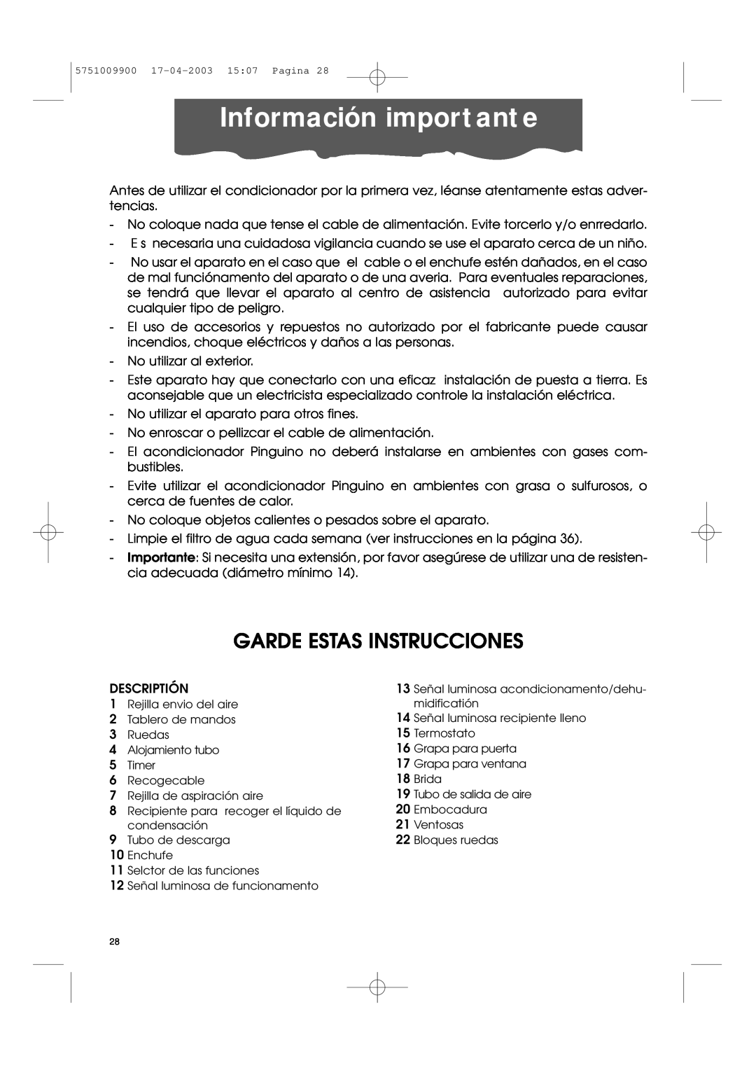 DeLonghi Pac 1000 manual Información importante, Garde Estas Instrucciones 