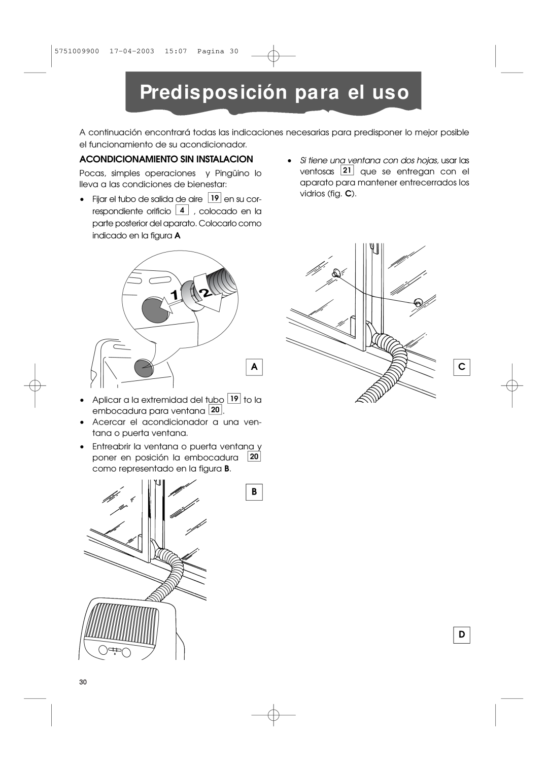 DeLonghi Pac 1000 manual Predisposición para el uso, Acondicionamiento Sin Instalacion 