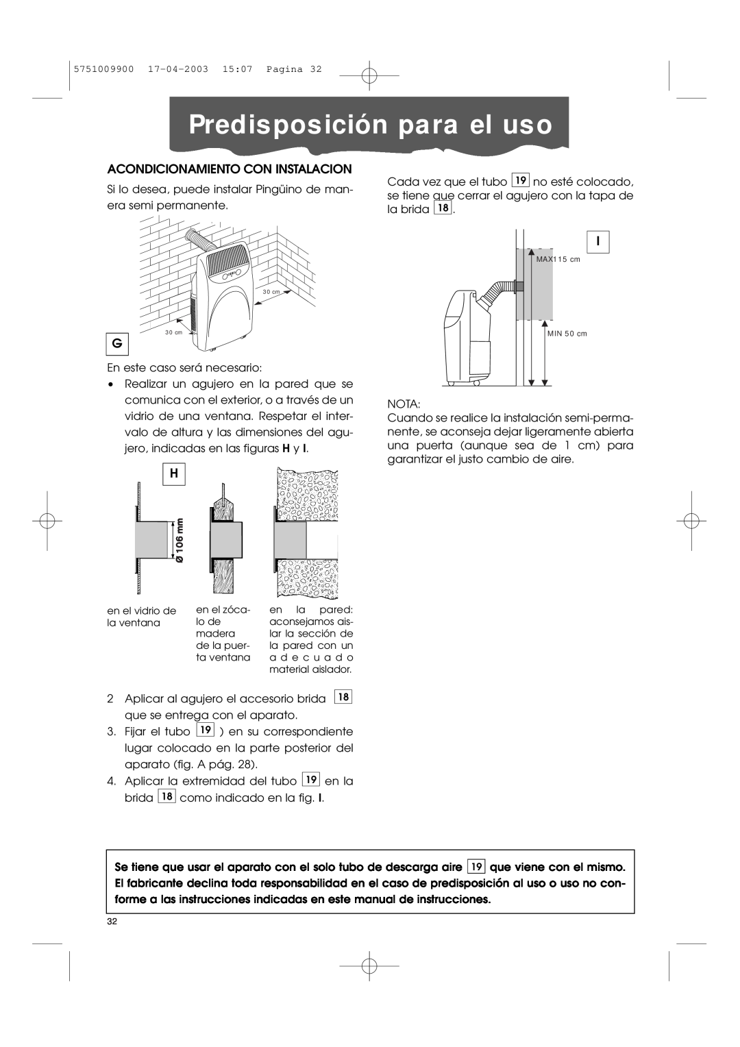 DeLonghi Pac 1000 manual Predisposición para el uso, Acondicionamiento Con Instalacion 