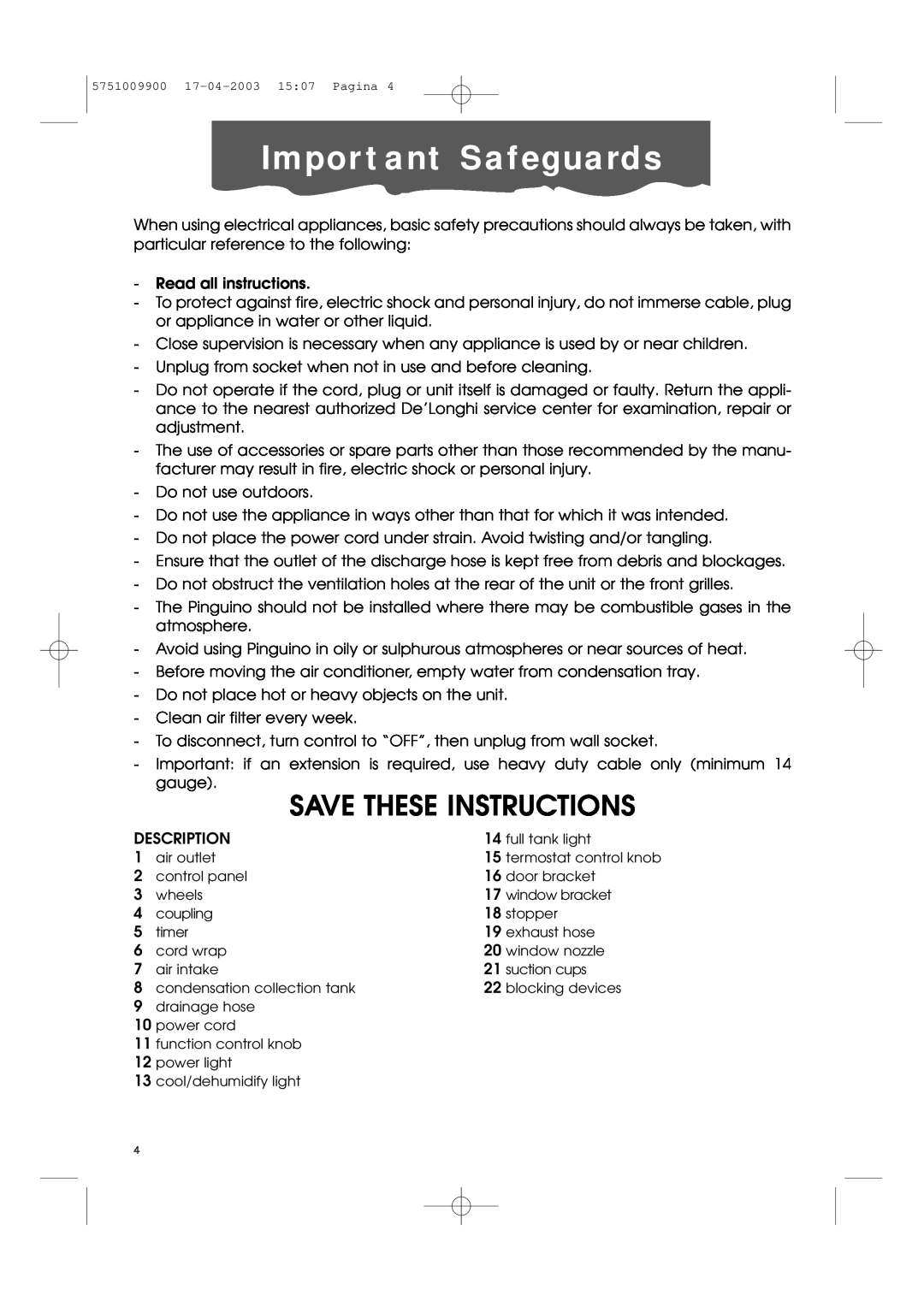 DeLonghi Pac 1000 manual Important Safeguards, Save These Instructions 