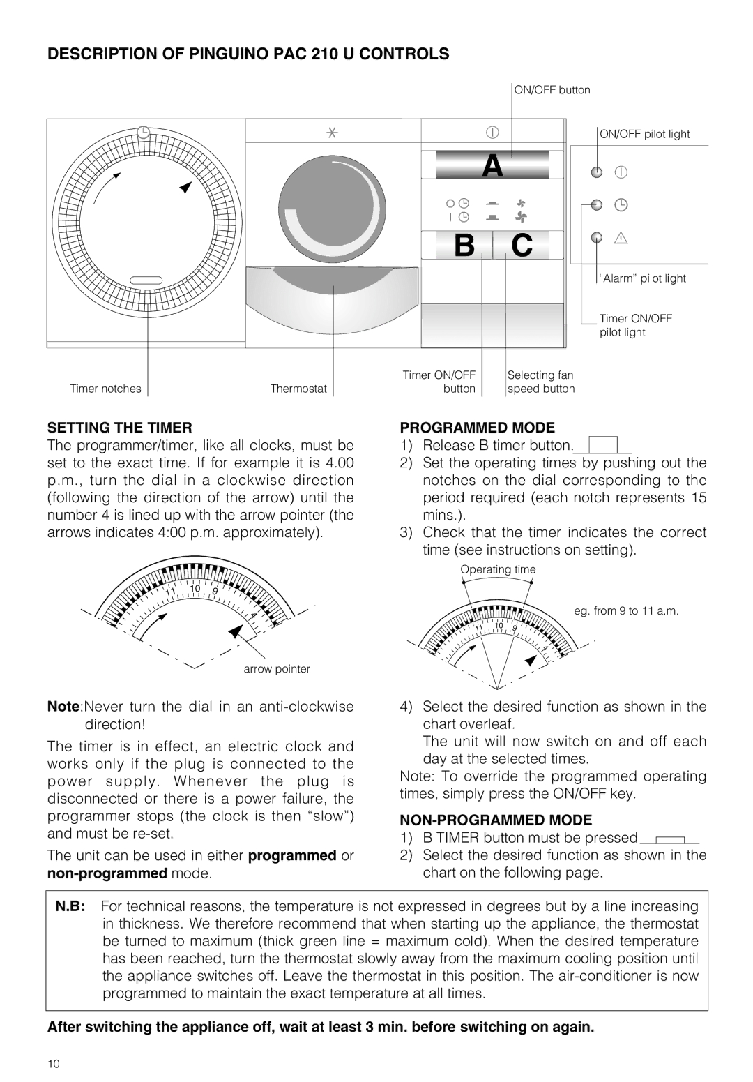 DeLonghi owner manual Description of Pinguino PAC 210 U Controls, Setting the Timer 