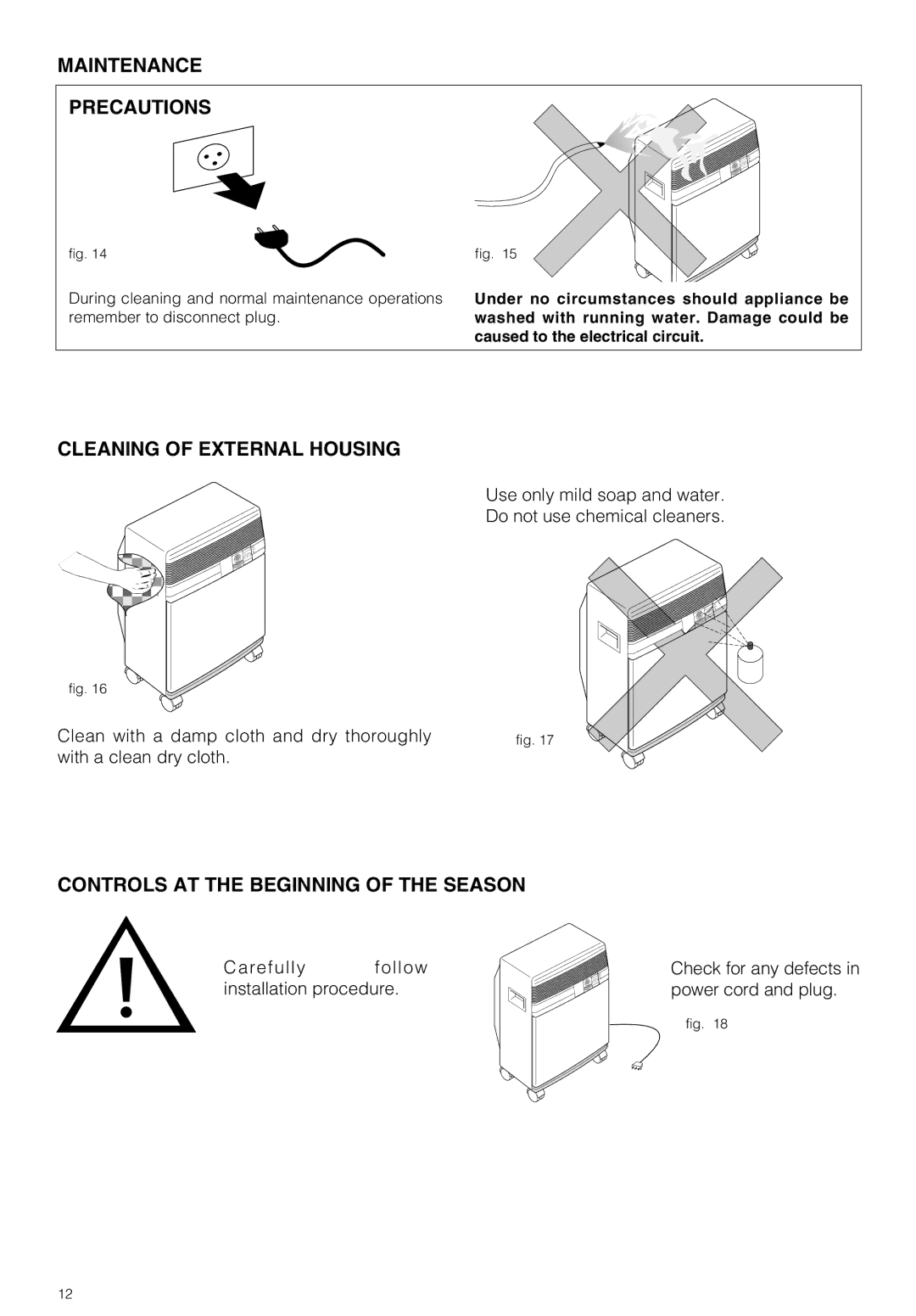 DeLonghi PAC 210 U Maintenance Precautions, Cleaning of External Housing, Controls AT the Beginning of the Season 