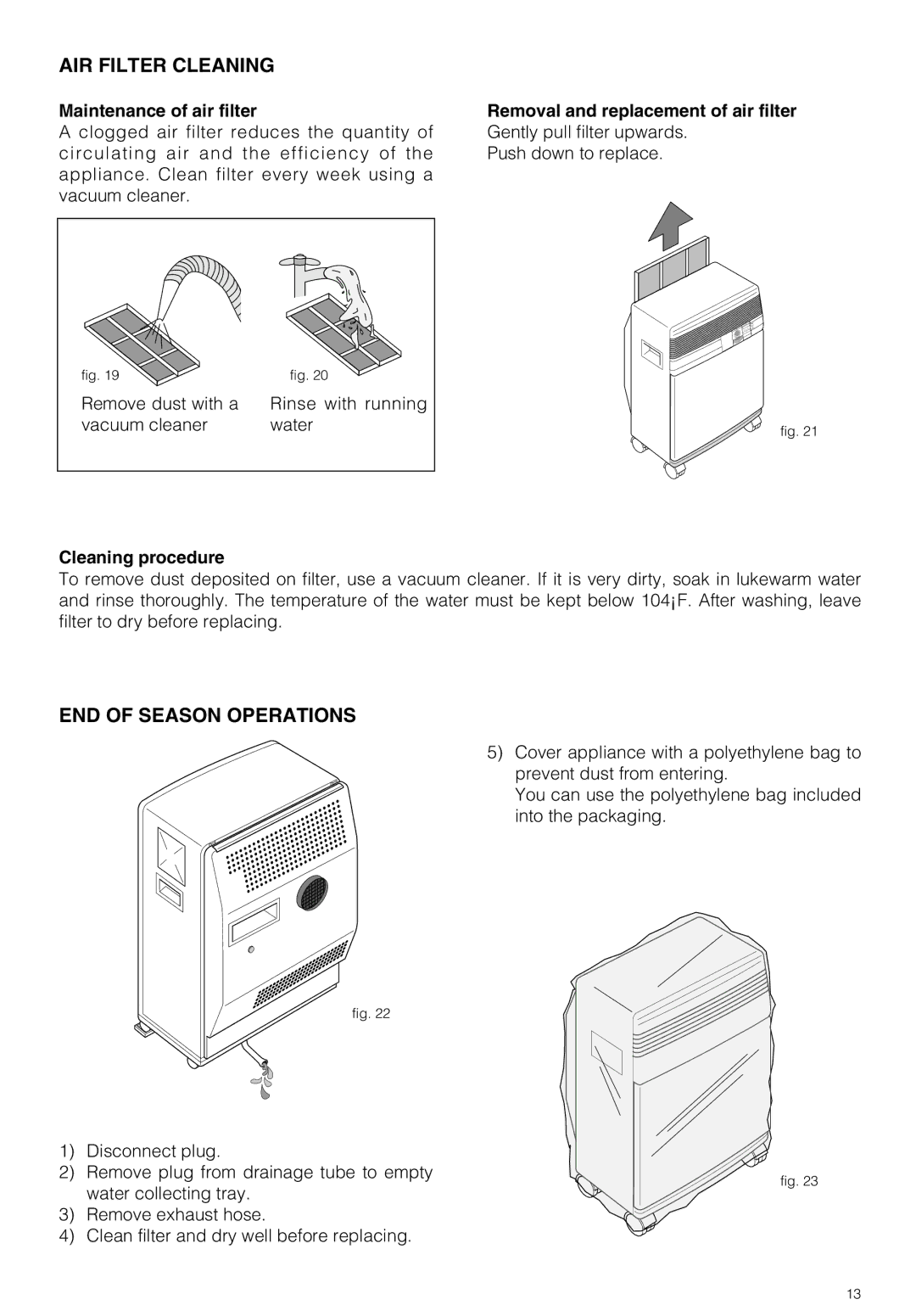 DeLonghi PAC 210 U owner manual AIR Filter Cleaning, END of Season Operations 